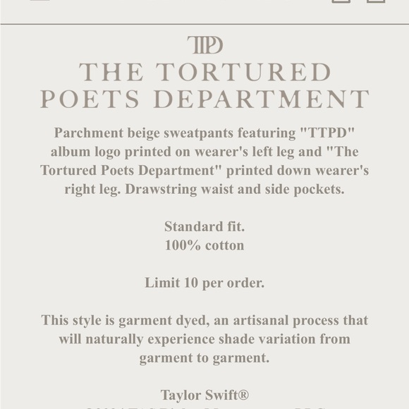 Taylor Swift TTPD beige sweatpants sz3X * nwt - Picture 2 of 5
